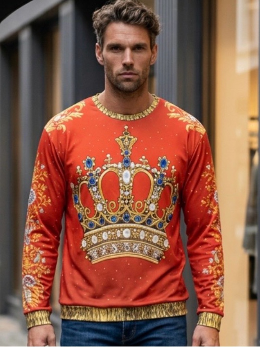 Men's Red Crown-Print Long Sleeve Pullover